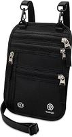 Front view of HANOZI black neck wallet showing zippers, strap and logo