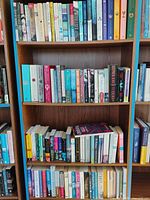 Three shelves filled with paperback books showing variety of titles and authors