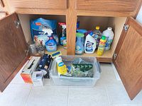 Open cabinet and floor area showing assorted cleaning products, light bulb packs and clear storage bin with cloths