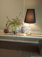 Overall view of lamp, Mikasa ceramic, glass bowl, and vase with faux flowers