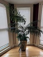 Full view of artificial palm in mirrored pedestal