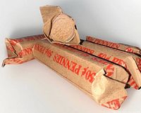 Three rolls stacked showing open coin end with visible Wheat Cent reverse