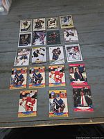 Overview of all nineteen 1990s hockey trading cards laid out in grid