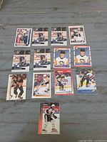 Front view of all 13 hockey cards laid out face-up