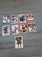 Front view of 10 of the Brett Hull cards laid out on table