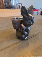 Side view of rabbit figurine showing basket planter and glass insert
