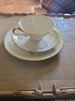 Teacup stacked on saucer and plate showing overall set