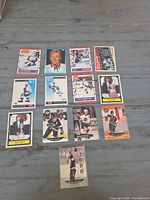 All thirteen hockey trading cards laid out face-up showing fronts and card numbers