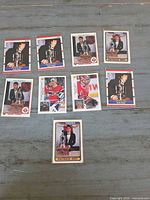 Fronts of nine Patrick Roy Vezina Trophy award winner cards laid out