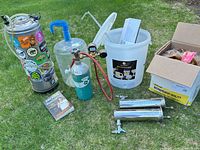 Full lot: keg, CO2 tank, fermenter bucket, carboy, wort box, stainless cylinders, book