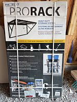Front of boxed ProSlat ProRack showing product image and features