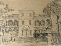 Close view of pencil drawing showing stately home and palm trees