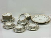 Group shot showing all 34 pieces: stacks of plates, cups, saucers