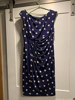 Full view of blue polka dot dress on door