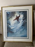 Full view of framed skiing watercolour print