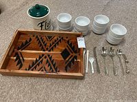 Entire lot showing bowls, canister, tray, utensils