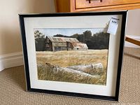 Full view of framed watercolour painting in black frame