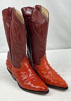 Full view of both boots standing upright showing shaft embroidery and vamp texture