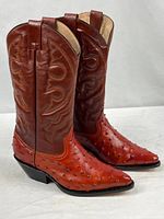 Full side view of both wine colored western boots