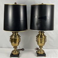 Both brass urn lamps with shades front view