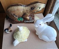 Group shot of beaver, rabbit, turtle, sparrow