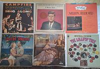 Six record jackets including Campfire Sing Along, JFK Memorial Album, Million Seller Hits, South Pacific, The King and I, Burl Ives The Lollipop Tree