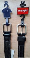 Front view of both belts showing buckles and hang tags