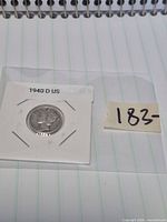 Obverse side of 1940-D Mercury dime in labelled 2x2 flip