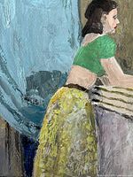 Close-up of upper half of painted female figure showing green top, blue drape and thick paint texture