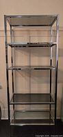 Full view of chrome etagere showing five glass shelves