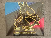 Front view of sealed Pokémon Crown Zenith Elite Trainer Box