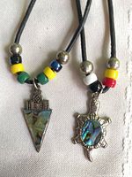 Close-up of both abalone inset pendants with surrounding beads
