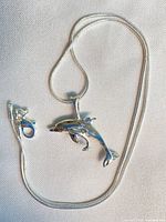 Full view of dolphin pendant and 18" snake chain with clasp