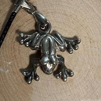 Front view of sterling silver frog pendant on cord