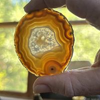 Front view of circular banded agate slice held to light, showing color bands and quartz core