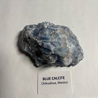 Overall view of blue calcite specimen with label
