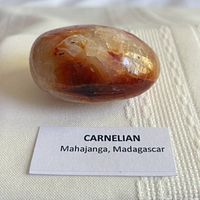polished carnelian stone resting on fabric with identification card