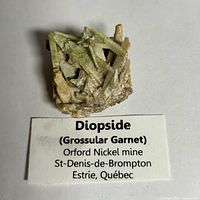Front view showing diopside crystals and identification card