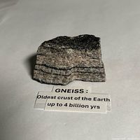 Top and side view of banded gneiss specimen on white background