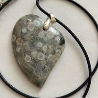 Front view of heart-shaped ocean jasper pendant on cord