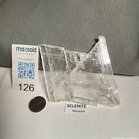 Front view of translucent selenite plate beside coin for scale