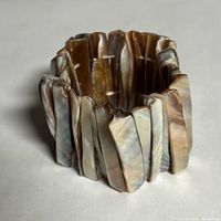 Bracelet standing upright showing vertical shell rectangles and elastic assembly