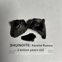 Three shungite fragments with label indicating origin and age