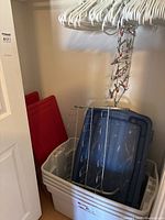 Stacked Rubbermaid bins, blue lids, white clothes hangers on rod, metal hook rack visible