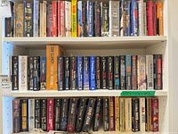 Three shelves filled with assorted paperback thriller and mystery novels