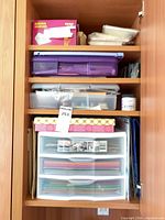 Entire lot within cabinet: Sterilite drawers, paper boxes, bins, cardstock visible