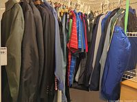 Closet rail with assorted men’s jackets, blazers, shirts