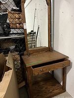 Full view of oak hall table with mirror and drawer