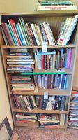 Front view of bookcase with five shelves filled with books