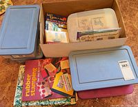 Overall lot with plastic bins, book, boxed stamp kit and brayer visible